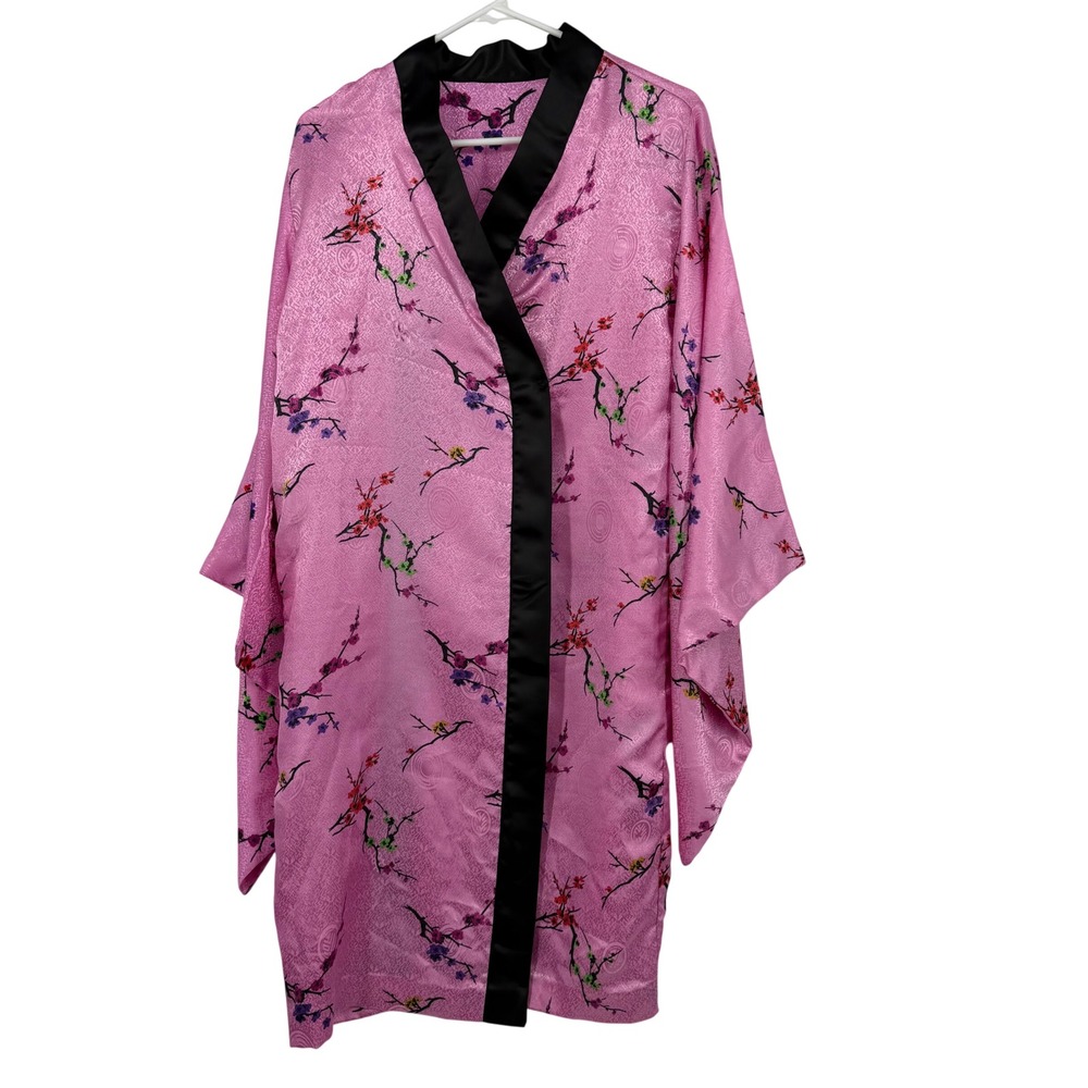 Pink Floral Satin Kimono Robe Cherry Blossom Jacquard Wide Sleeve Loungewear